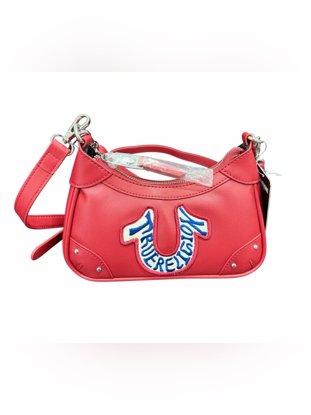 True Religion Red Leather Shoulder Bag with Embroidered Logo